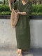 Solid V-neck Loose 3/4 Sleeve Vintage Dress - Dark Green