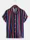 Men Red-blue Striped Print Casual Short Sleeve Shirt - Red
