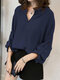Solid Long Sleeve V-neck Casual Blouse For Women - Navy