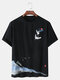 Mens Crane Landscape Print Chinese Style Short Sleeve Cotton Linen T-Shirts - Black