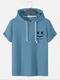 Mens Smile Face Print Corduroy Casual Short Sleeve Hooded T-Shirts - Blue