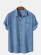 Mens Corduroy Solid Color Casual Breathable & Thin Short Sleeve Shirts - Blue
