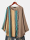 Multi-color Striped Patchwork Long Sleeve O-neck Plus Size T-shirt - Coffee