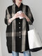 Check Pattern Loose Button Front Lapel Long Sleeve Shirt - Black