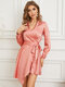 Solid Irregular Belt Satin Long Sleeve V-neck Dress - Pink