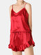 Women Loungewear Short Set Smooth Flounce Spaghetti Straps V-Neck Soft Pajamas - Red