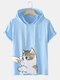 Camisetas masculinas de desenho animado gato com capuz manga curta com cordão - azul