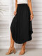 Solid Shirred Elastic Waist Curved Hem Casual Skirt - Black