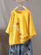 Floral Embroidery O-Neck Half Sleeve T-shirt - Yellow