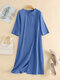 Vestido de manga longa e bolso com bainha de seda sólida - azul
