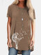 Short Sleeve Flower Print O-neck T-shirt For Women - Khaki
