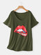 Red Lips Printed Short Sleeve V-neck Casual T-shirt For Women - Army Green