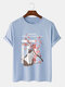 Mens Cat Cherry Blossoms Letter Print Street Cotton Short Sleeve T-Shirts - Blue