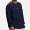 Mens National Style Solid Color Long Sleeve Cotton Brief Loose Casual T shirt - Navy