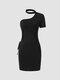 Solid Asymmetrical One Shoulder Halter Cut Out Drawstring Dress - Black