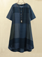 Plaid Print O-neck Short Sleeve Button Plus Size Dress for Women - Blue