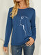 T-shirt casual feminina com estampa de gato e mangas compridas com decote em O - Azul marinho