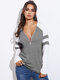 Contrast Color Zip Front V-neck Long Sleeve Casual T-shirt - Gray