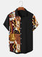 Mens Ethnic Abstract Print Patchwork Lapel Short Sleeve Shirts - Black