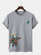 Mens Cartoon Astronaut Cat Print Crew Neck Short Sleeve T-Shirts - Gray