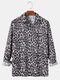 Mens Leopard Print Casual Lapel Collar Loose Fit Holiday Long Sleeve Shirts - White