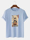 Mens Japanese Noodle Cat Graphic Short Sleeve Cotton T-Shirts - Light Blue