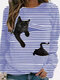 Cat Print Long Sleeve Black Striped Plus Size T-shirt - Purple