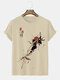 Mens Chinese Crane Ink Print Crew Neck Short Sleeve T-Shirts Winter - Apricot