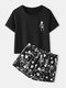 Women Monochrome Skull Skeleton Print Round Neck Crop Pajamas Sets With Shorts - Black
