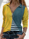 Striped Patchwork Lapel Collar Long Sleeve Zipper Blouse - Yellow