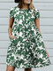فستان بأزرار بأكمام قصيرة وطبعة أوراق شجر عشوائية - أخضر