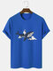 Mens Astronaut Whale Print Crew Neck Short Sleeve Cotton T-Shirts - Blue