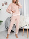 Women Double Plush Warm Drop Shoulder Hooded Loungewear Pajamas Set With Pocket - Pink