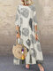 المرأة طباعة طاقم الرقبة 3/4 كم فستان خمر - أبيض