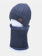 Men 2PCS Letter Embroidered Plus Velvet Thick Winter Outdoor Neck Protection Headgear Scarf Knitted Hat Beanie - Navy