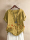 Floral Print Button O-neck Short Sleeve Casual T-Shirt For Women - Yellow