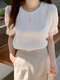 Textured Lace Stitch Solid Puff Sleeve Crew Neck Blouse - White