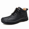 Men Cow Leather Hand Stitching Lace Up Soft Casual Ankle Boots - Black