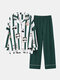 Women Panda Print Pajamas Long Set Flounce Trim Lapel Collar Home Sleepwear - Green