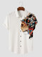 Mens Ethnic Figure Side Print Lapel Short Sleeve Shirts - White