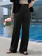 Women Solid Color Casual Straight Pants With Pocket - Black