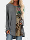 Printed Patchwork O-neck Long Sleeve T-shirt For Women - Dark Gray
