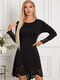 Flower Hollow Solid Long Sleeve Crew Neck Casual Dress - Black