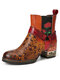 Socofy Retro Western Style Flower Embossed Elastic Band Chunky Heel Comfy Leather Short Boots - Orange