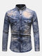 Mens Business Style Tie Dye Button Front Long Sleeve Shirts - Dark Blue