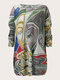Suéter suelto con cuello redondo y estampado de ilustración de arte de talla grande vendimia - gris