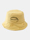 Unisex Cotton Solid Color Broken Hole Letter Embroidery Cloth Label All-match Sunscreen Bucket Hat - Yellow