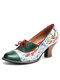 Socofy Genuine Leather Retro Ethnic Floral Bowknot Embellished Comfy Heels - Green