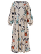 Floral Print O-neck Lantern Sleeve Plus Size Casual Dress for Women - Beige