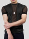 メンズメッシュパッチワークシースルー半袖Tシャツ - 黒